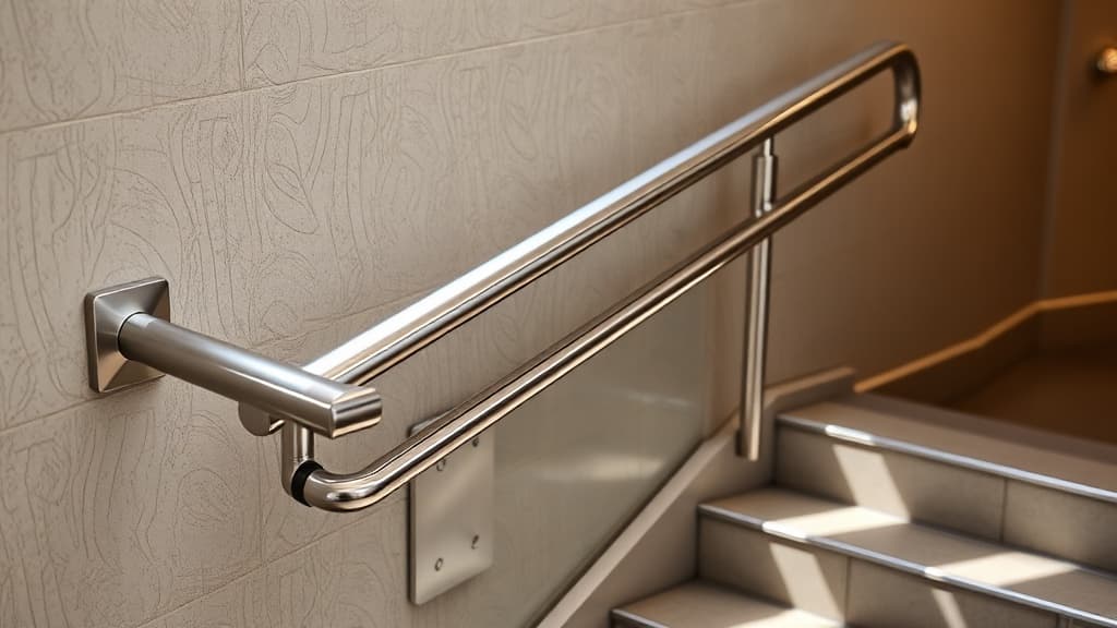 Stainless steel handrail on commercial stairway