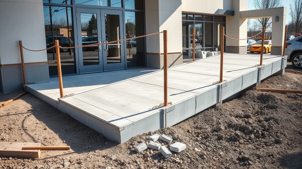 Wheelchair ramp construction at building entrance