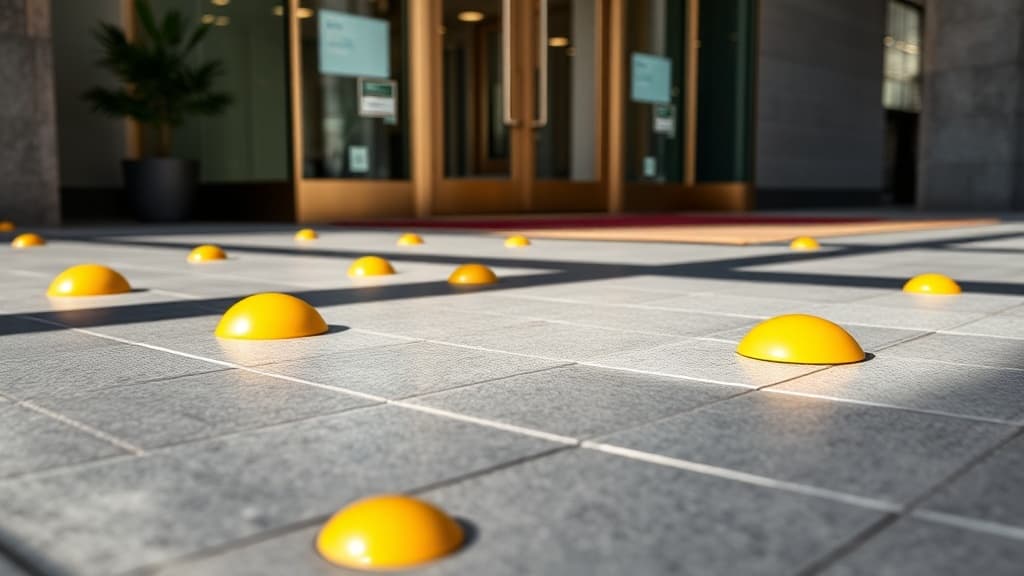Tactile attention indicator tiles at entrance