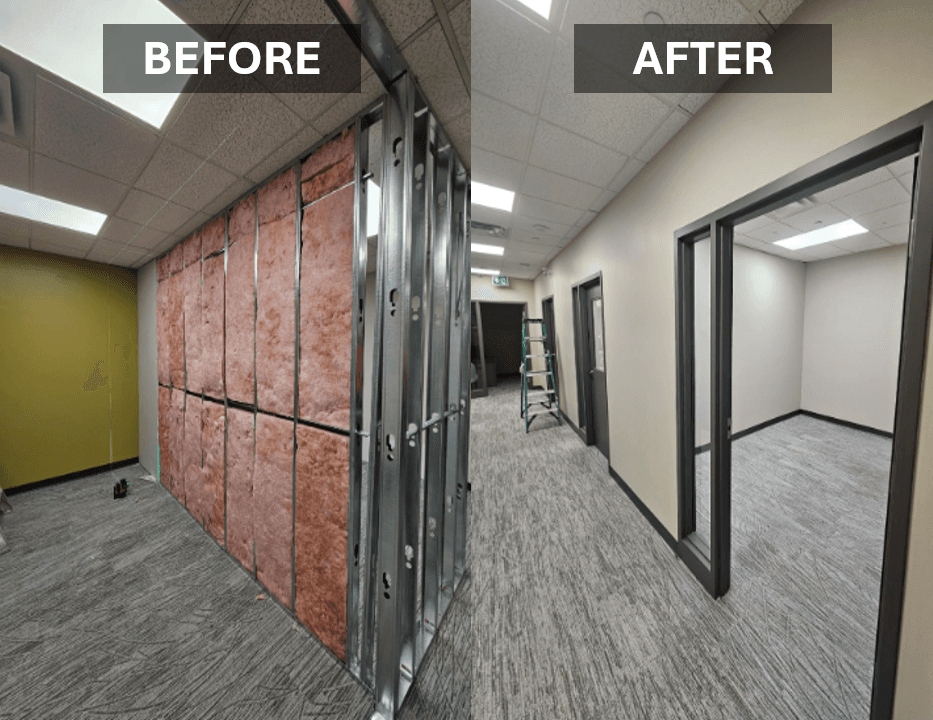 Before and after office corridor renovation