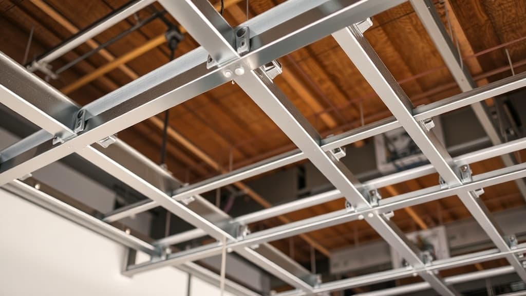 Suspended ceiling T-bar grid system being assembled