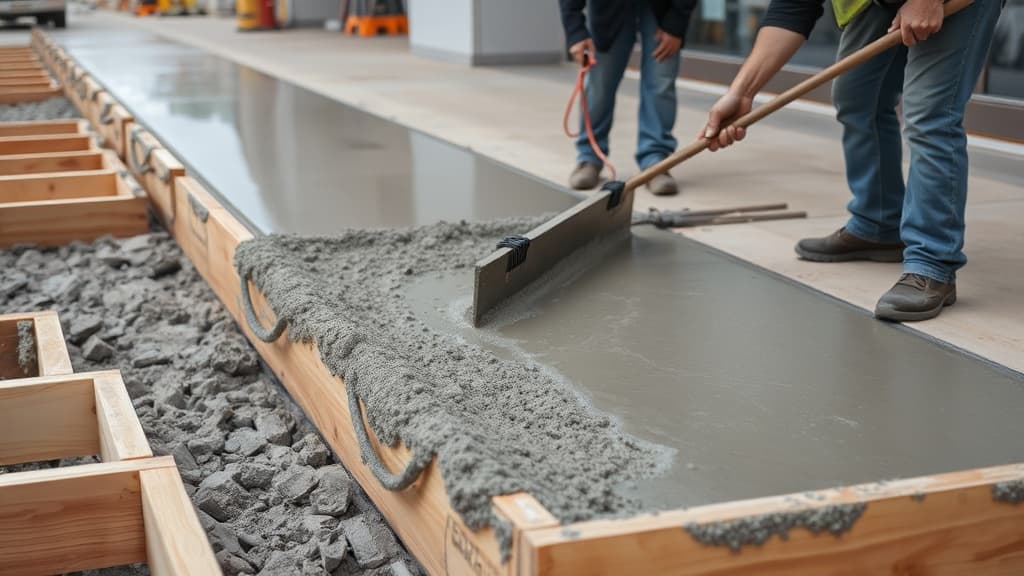 Workers pouring concrete into forms for sidewalk repair