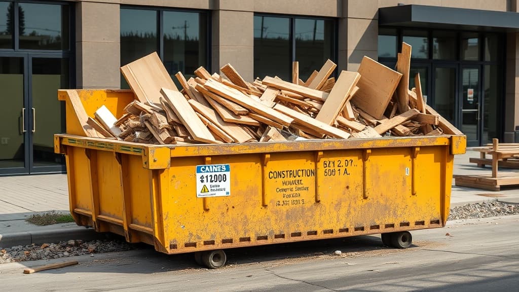 Demolition debris dumpster outside building
