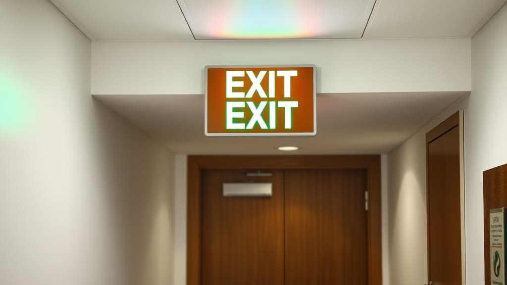 Emergency exit sign in commercial hallway