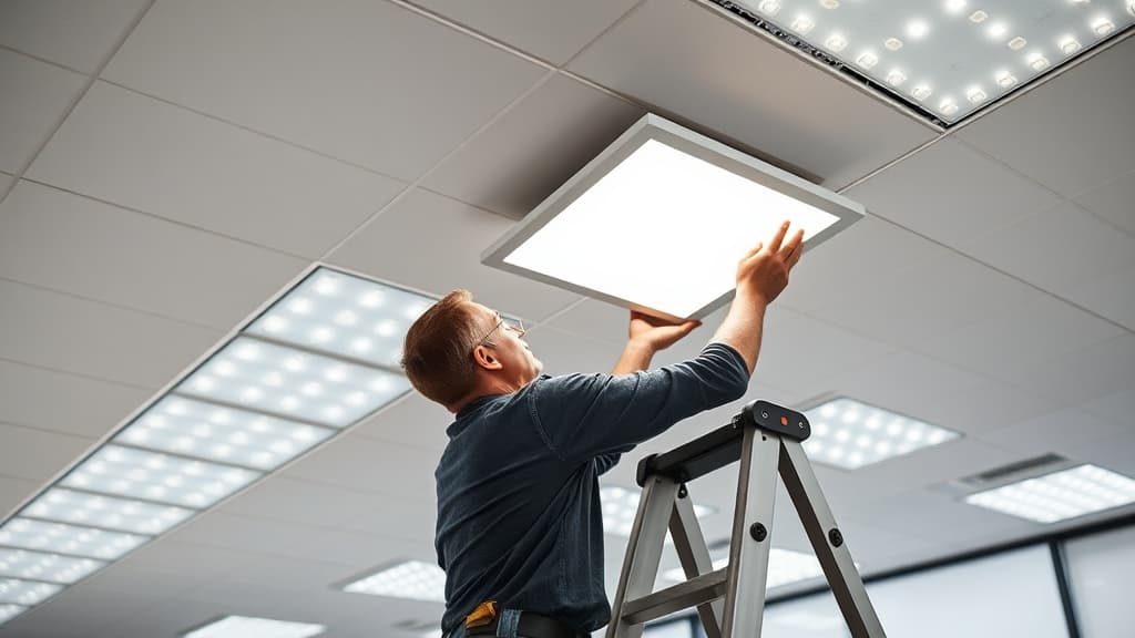 LED panel light installation on suspended ceiling