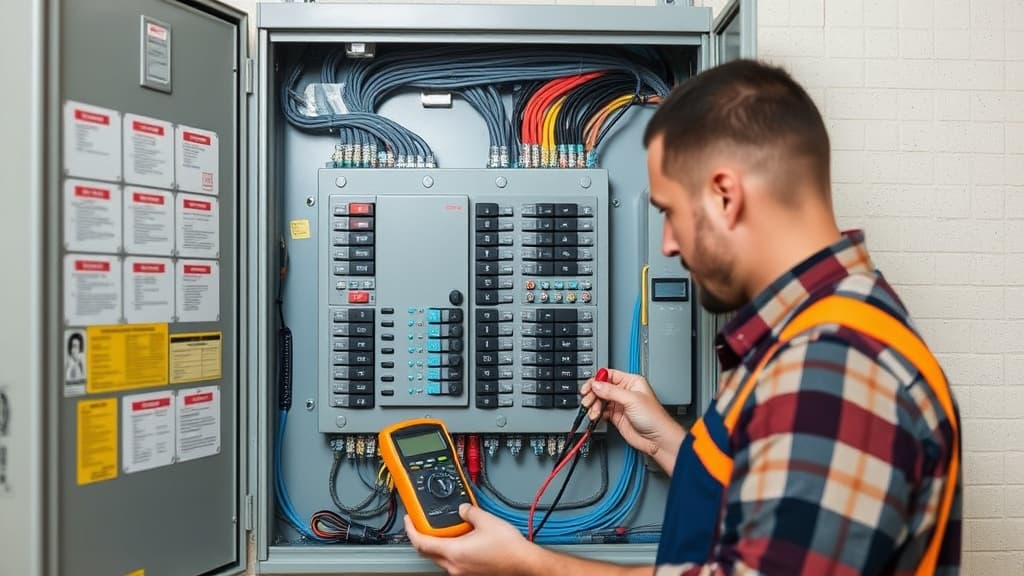 Electrician testing commercial breaker panel with multimeter