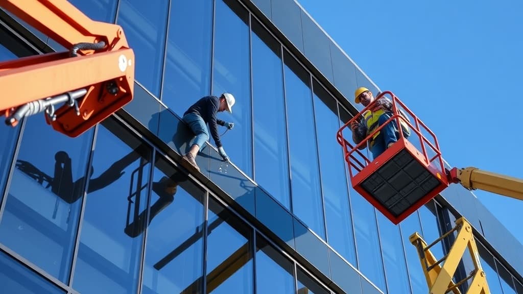 Worker on boom lift caulking exterior window joints