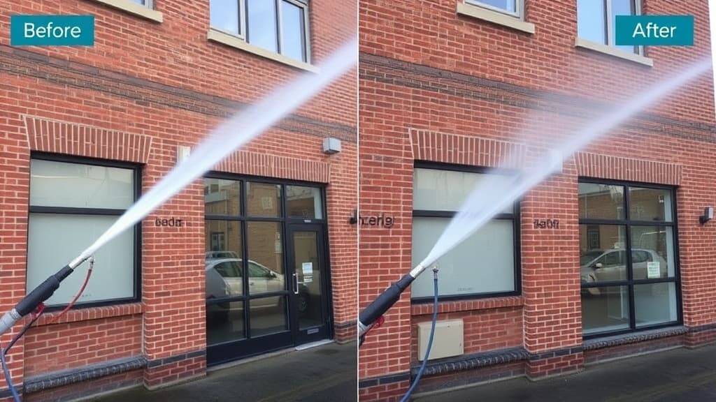 Pressure washing commercial building exterior