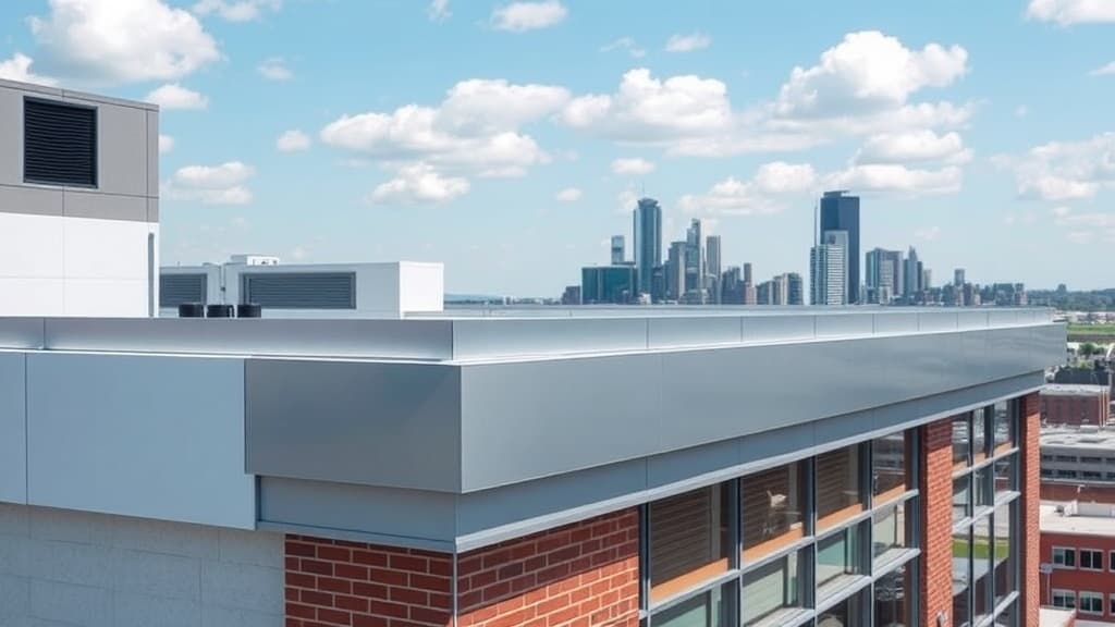 Parapet wall cap flashing on commercial rooftop