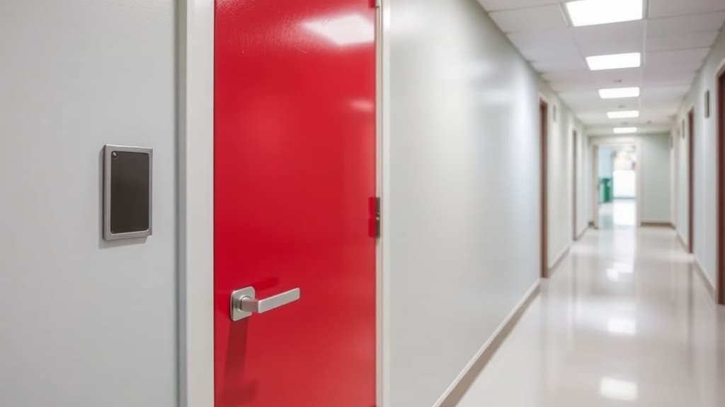 Fire-rated door with panic bar in commercial building