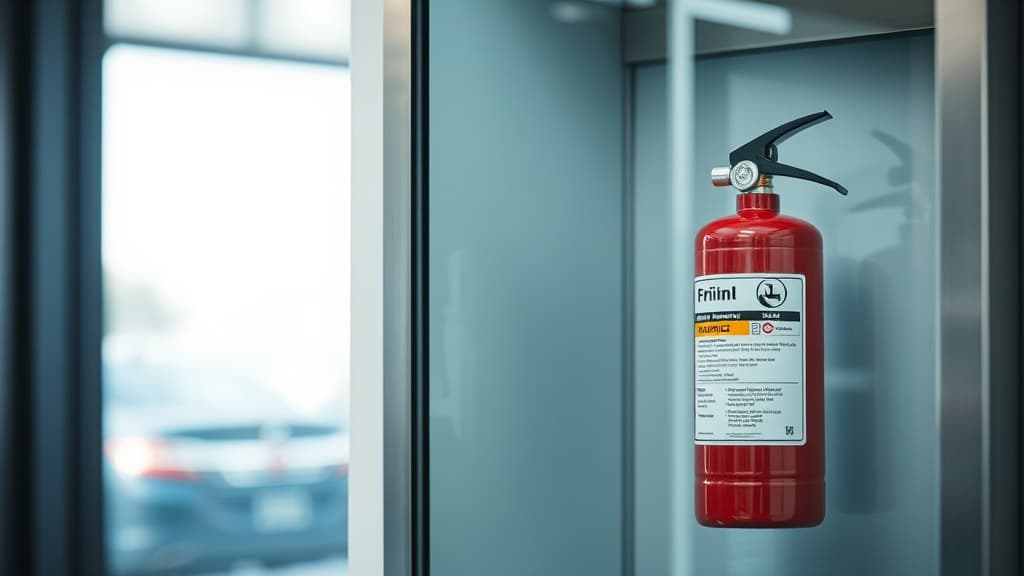 Fire extinguisher in glass cabinet with inspection tag