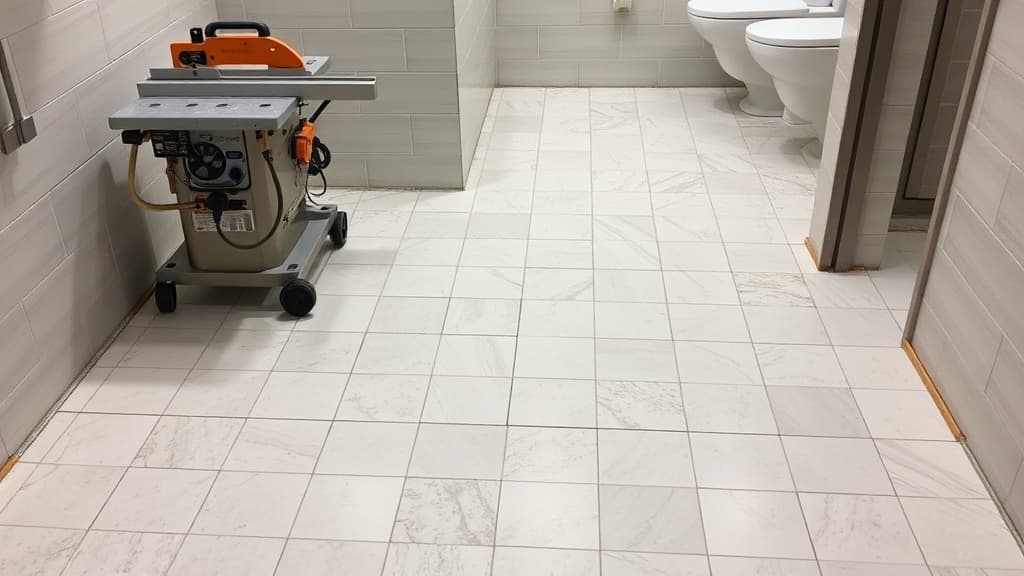 Ceramic tile being laid in commercial washroom