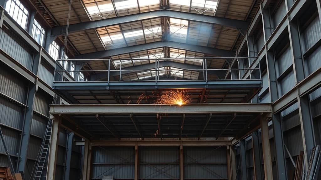 Steel mezzanine structure being erected