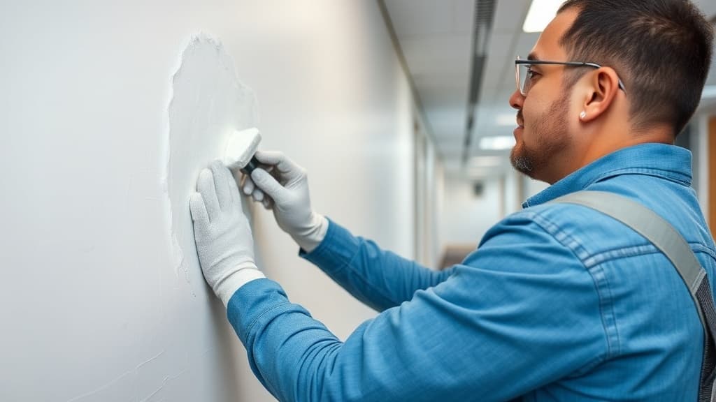 Worker spackling drywall patch in office hallway