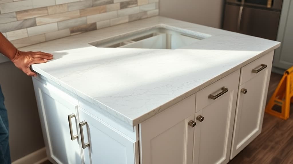 Quartz countertop being placed on cabinets