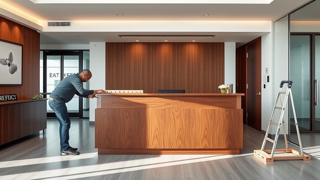 Custom reception desk installation in lobby