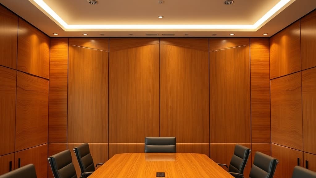 Custom wood wall paneling in boardroom