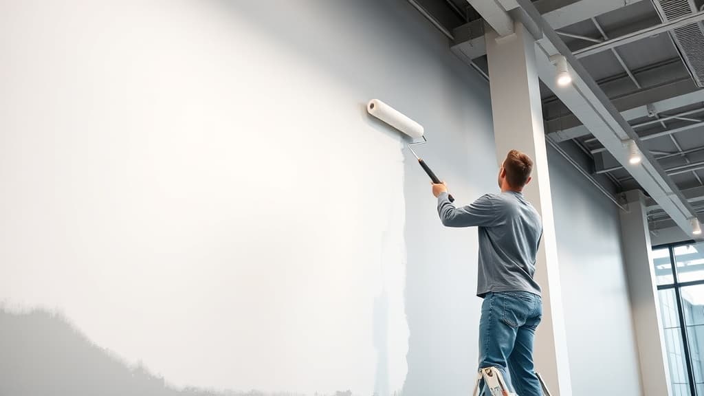 Painter applying paint with roller in office space