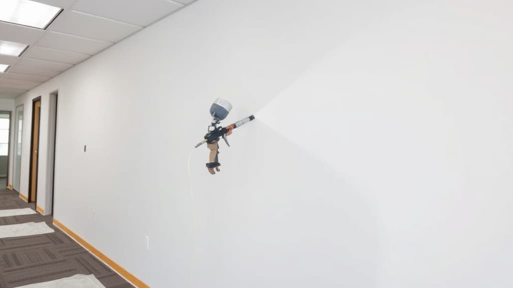 Professional painter using spray gun on commercial wall