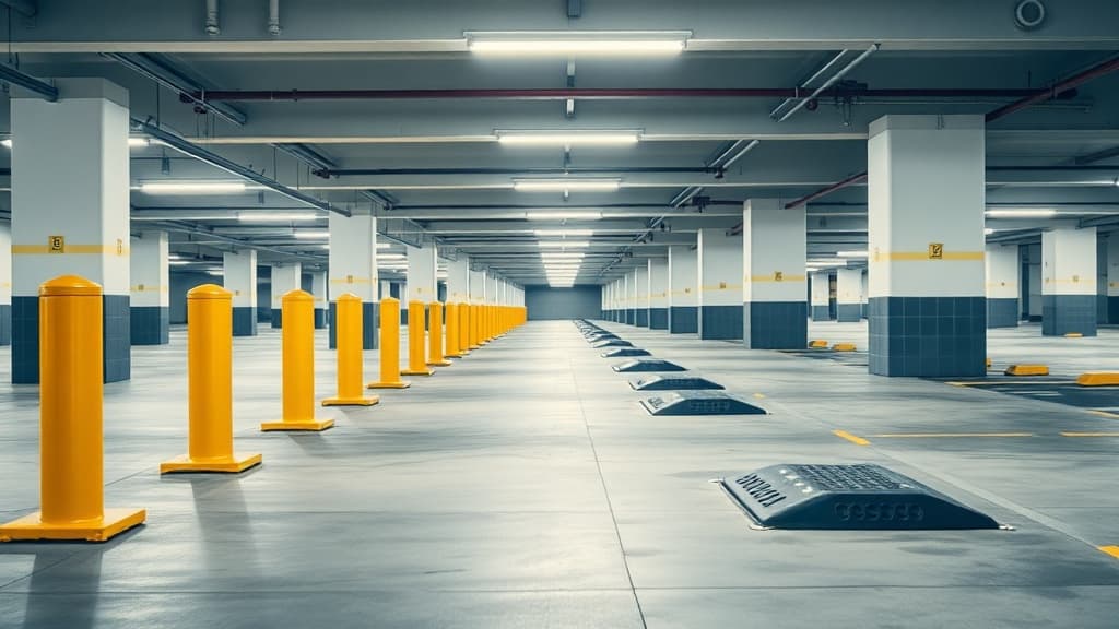 Steel bollards and speed bumps in parking garage