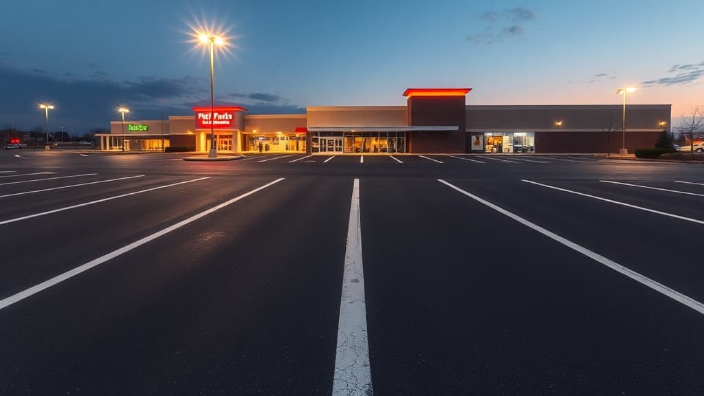Well-maintained commercial parking lot at dusk