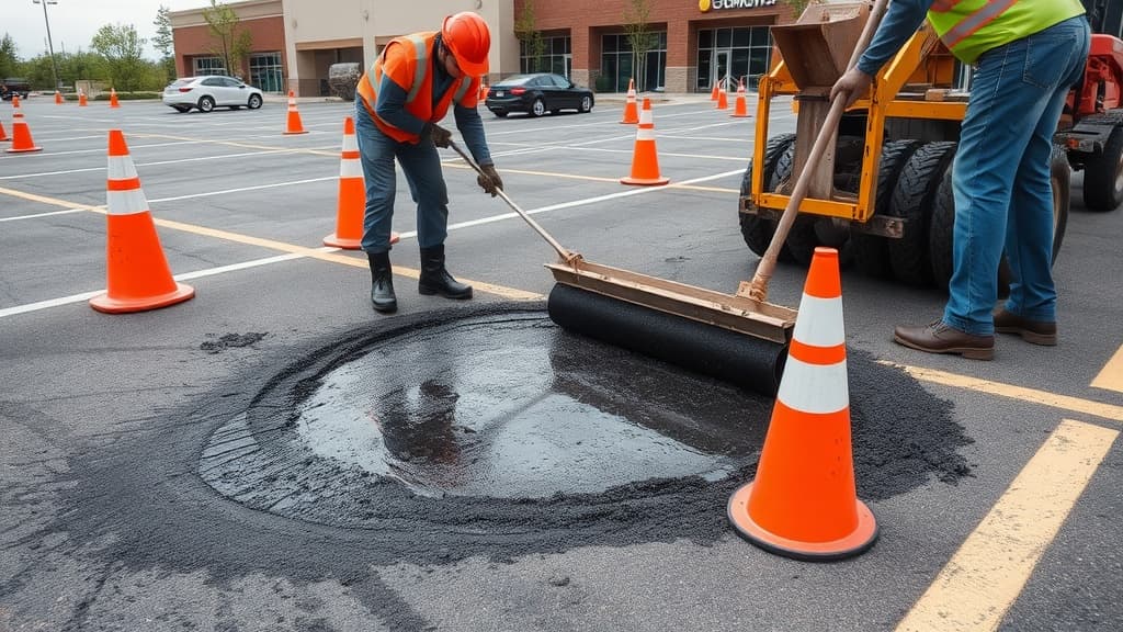 Pothole repair and asphalt patching in progress