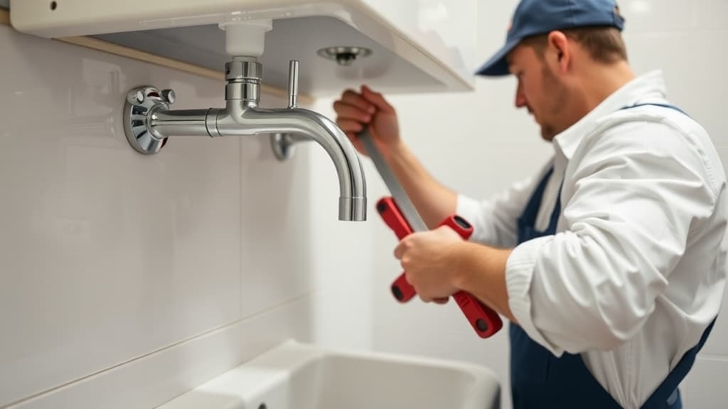 Plumber repairing commercial sink fixture