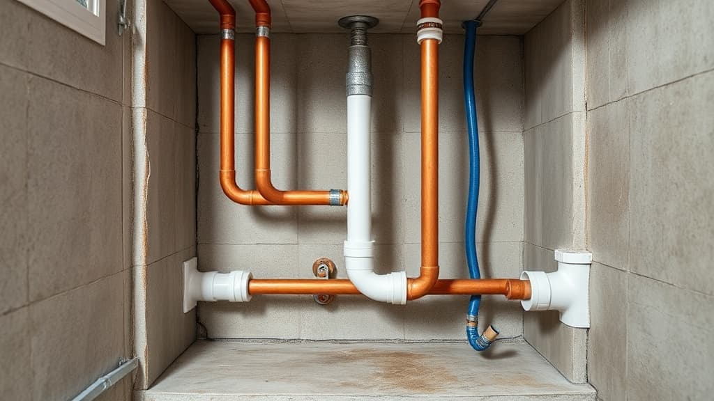Commercial washroom plumbing rough-in with copper pipes