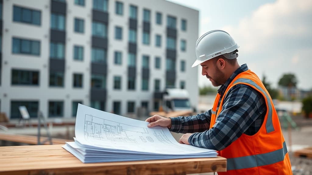 Project manager reviewing blueprints at jobsite