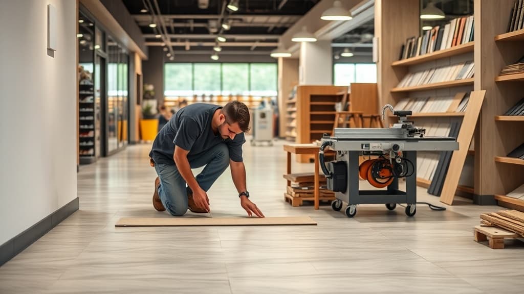 Tile flooring installation in retail store