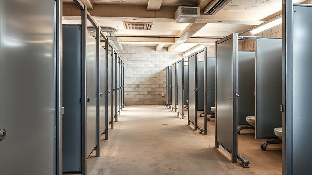 Washroom stall partitions being installed