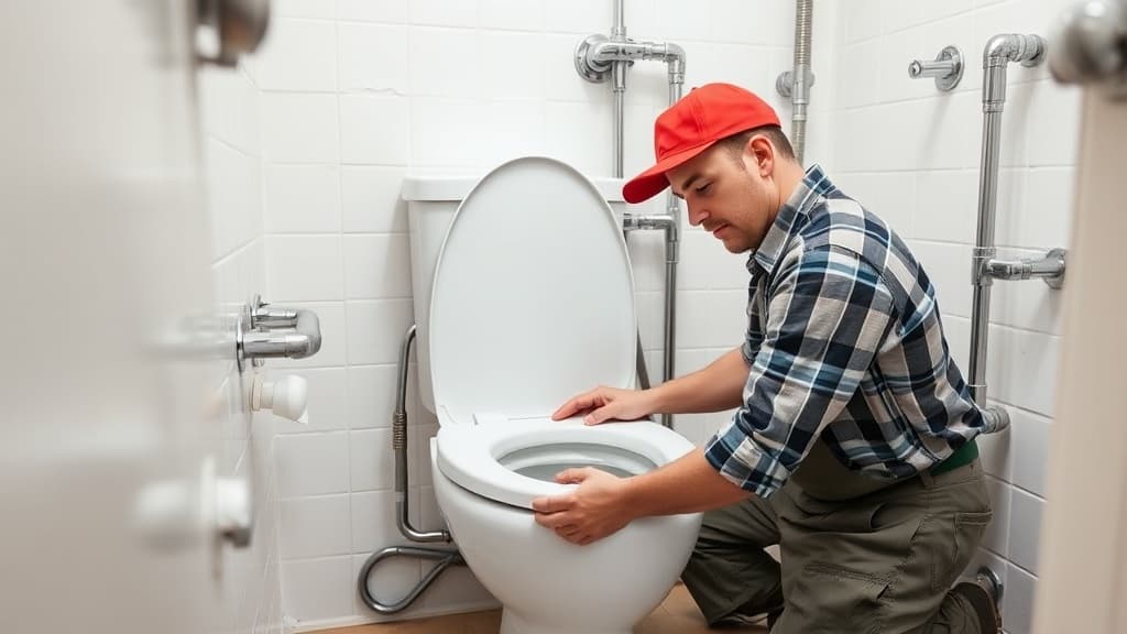 Plumber installing commercial toilet