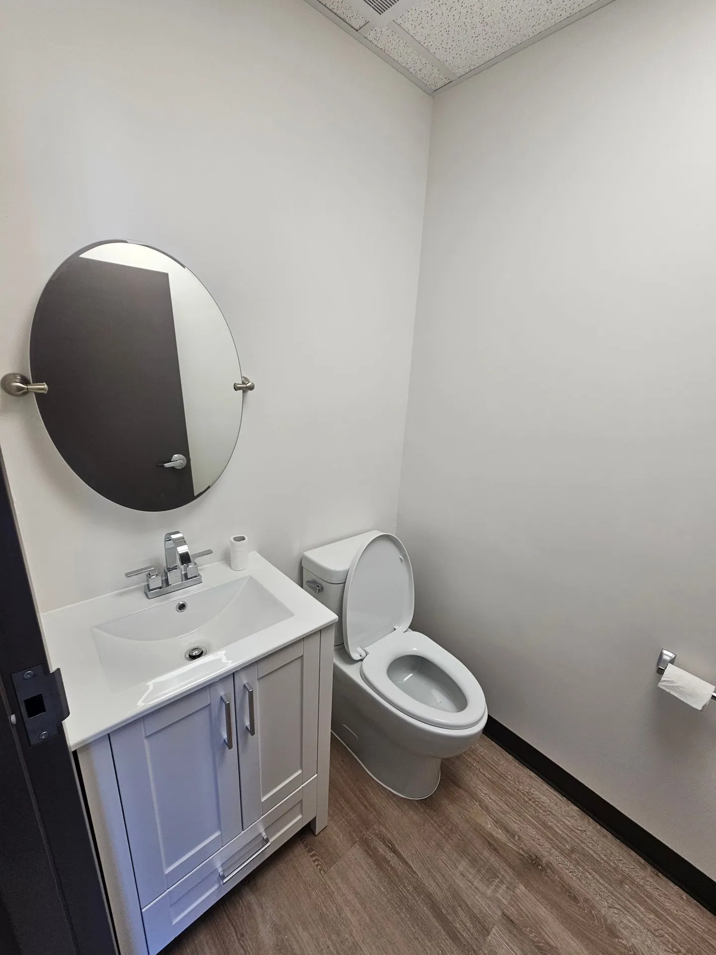 New washroom with white vanity, round mirror, toilet, and vinyl plank floor